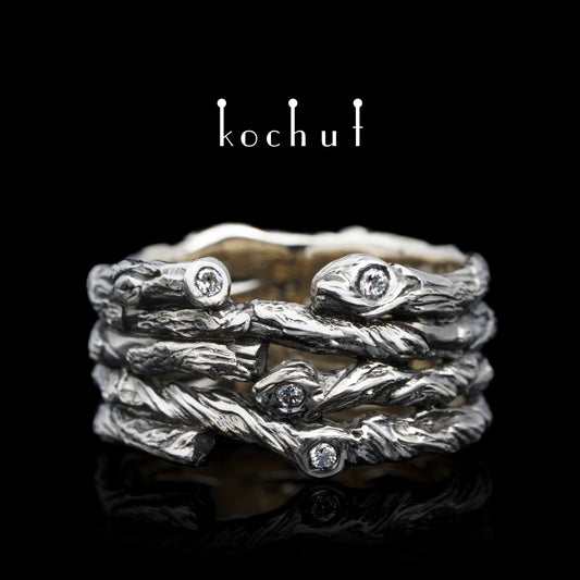 Breiter Zweig — Ring aus Weißgold mit Diamanten, beschichtet mit schwarzem Rhodium