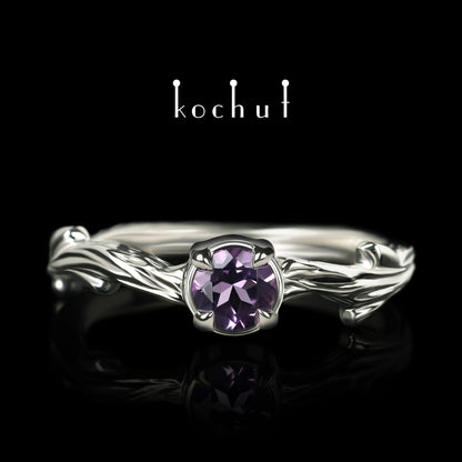 März Zweig — ein Ring aus Weißgold, plattiert mit schwarzem Rhodium und Amethyst