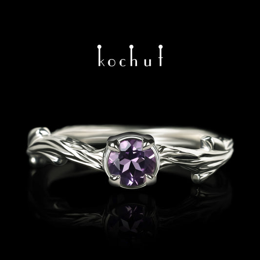 März Zweig — ein Ring aus Weißgold, plattiert mit schwarzem Rhodium und Amethyst