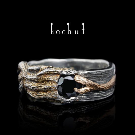 Vernydub — Ring aus oxidiertem Silber und Rotgold mit schwarzem Spinell