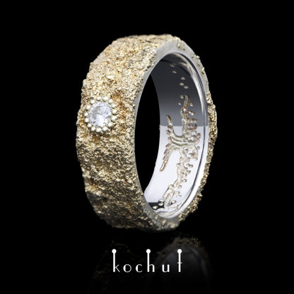 Leib und Seele mit dem Baum des Lebens und Lichtschmiedekunst — Silberhochzeitssilberring mit Gelbgoldfusion und Diamant