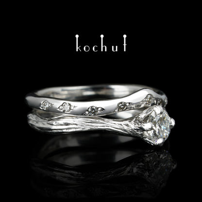 Elven Tenderness — Doppelte Verlobungsring aus Weißgold mit Diamanten, beschichtet mit weißem Rhodium