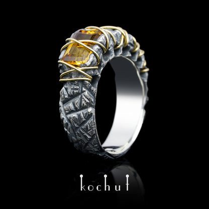 Wiedergeburt — Ring aus oxidiertem Silber und Gelbgold mit Citrin