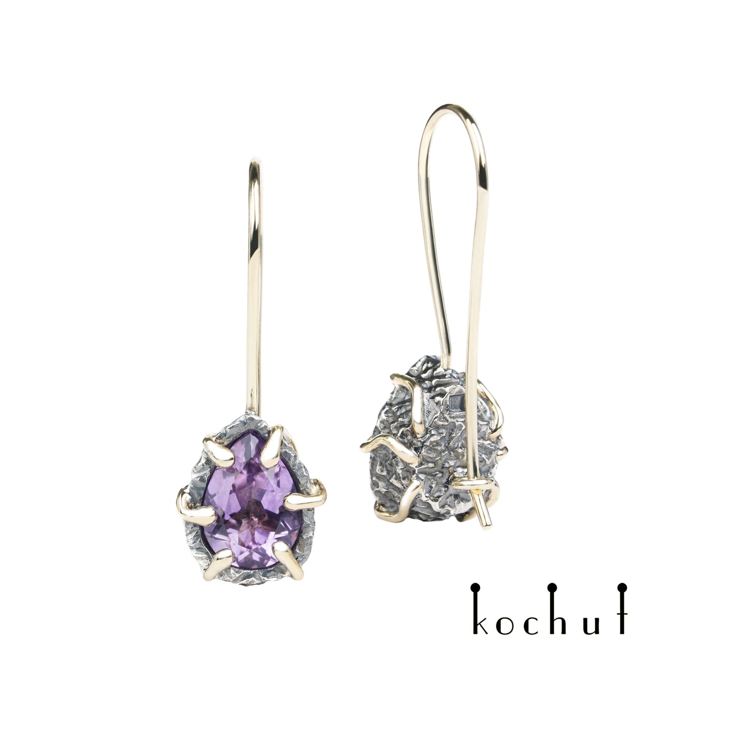 Aurora — Ohrringe aus oxidiertem Silber und Gelbgold mit Amethysten