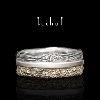 In Freude und Leid: Fundament — Ehering aus Weißgold und Silber mit Saphir, beschichtet mit weißem Rhodium