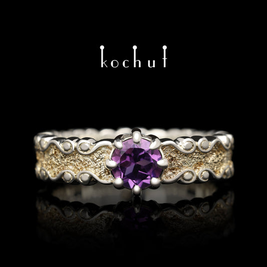 Marquise — Silberring mit Amethyst und goldener Oberfläche