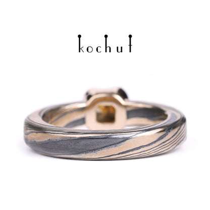 Jugen — Mokume-Ring aus Rotgold und graviertem, oxidiertem Silber mit Diamant, beschichtet mit Oxidation