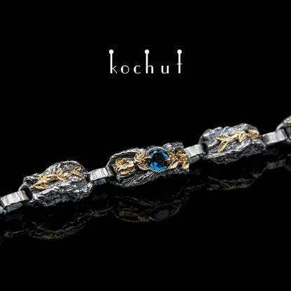 Kraft des Lebens — Armband aus oxidiertem Silber und Gelbgold mit Topas