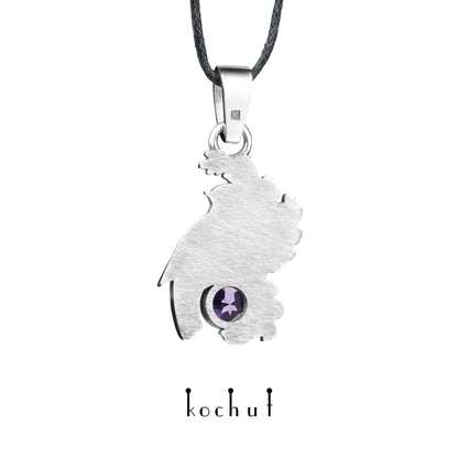 Vogel auf einem Lavendelzweig — Anhänger aus oxidiertem Silber mit Amethyst