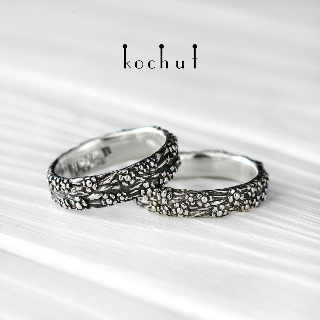 Vergissmeinnicht — Set aus oxidiertem Silber mit Diamant und Vergoldung