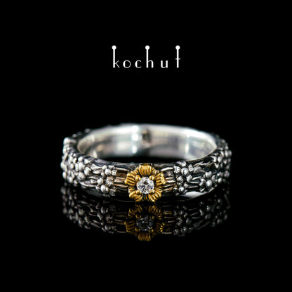 Vergissmeinnicht — Set aus oxidiertem Silber mit Diamant und Vergoldung