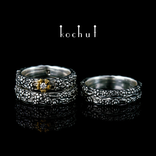 Vergissmeinnicht — Set aus oxidiertem Silber mit Diamant und Vergoldung