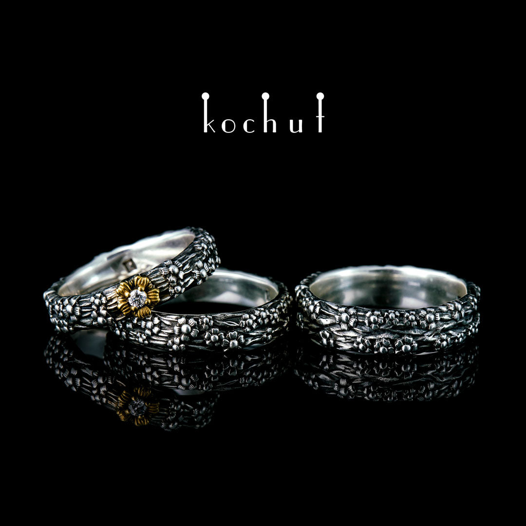 Vergissmeinnicht — Set aus oxidiertem Silber mit Diamant und Vergoldung