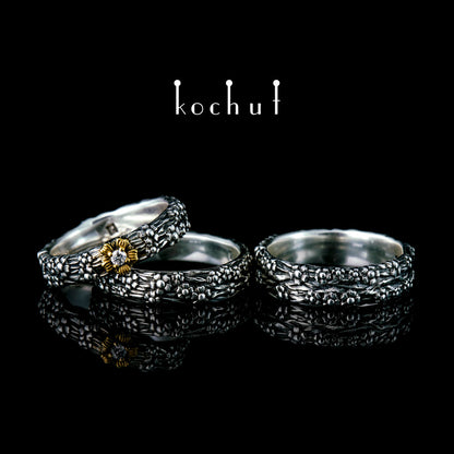 Vergissmeinnicht — Set aus oxidiertem Silber mit Diamant und Vergoldung