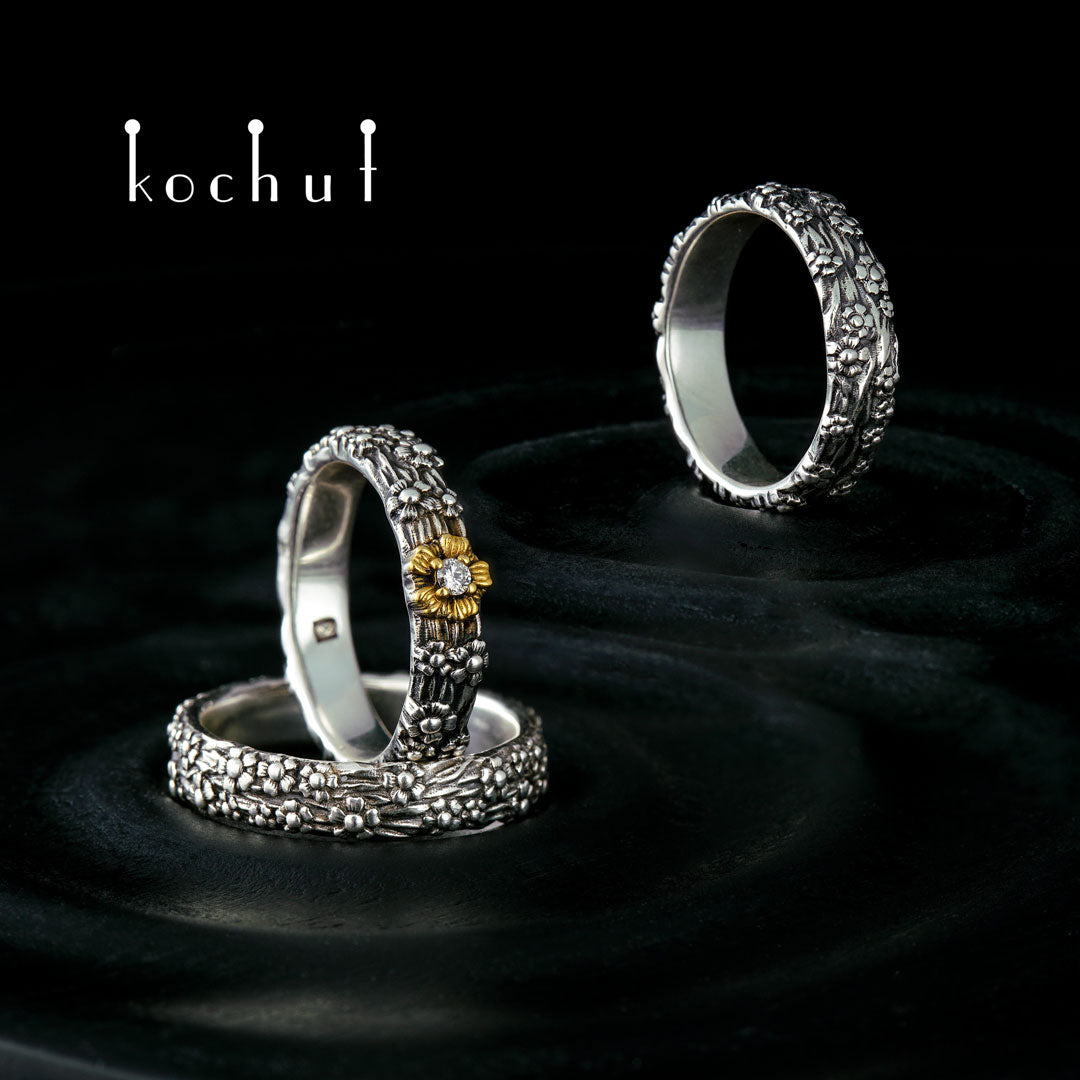 Vergissmeinnicht — Set aus oxidiertem Silber mit Diamant und Vergoldung