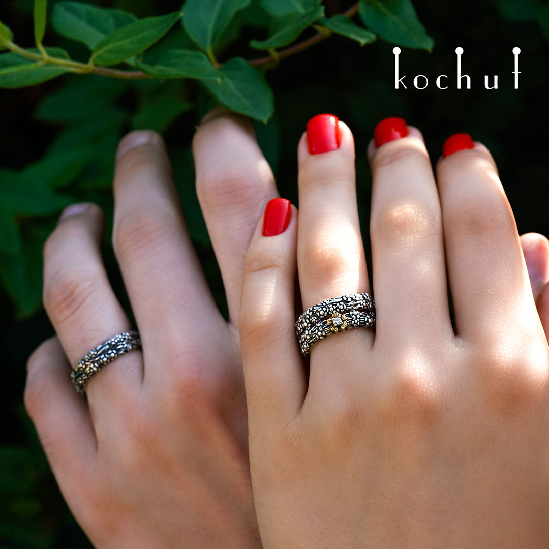 Vergissmeinnicht — Set aus oxidiertem Silber mit Diamant und Vergoldung