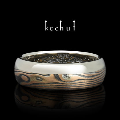 Bonsai — Mokume-Ehering aus Rotgold, Weißgold sowie graviertem und oxidiertem Silber, plattiert mit schwarzem Rhodium