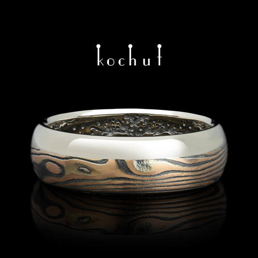 Bonsai — Mokume-Ehering aus Rotgold, Weißgold sowie graviertem und oxidiertem Silber, plattiert mit schwarzem Rhodium