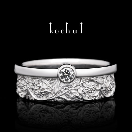 Harmonie der Natur — Ehering aus Weißgold mit einem Diamanten, beschichtet mit weißem Rhodium