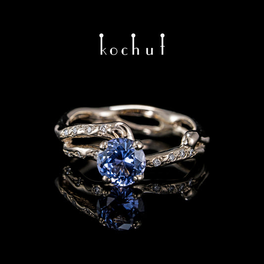 Mermaid — Verlobungsring aus Palladium-Gold mit Spinell und Diamanten