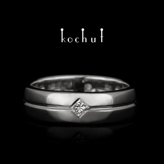 Achse der Liebe — goldener Verlobungsring mit Diamant, beschichtet mit weißem Rhodium