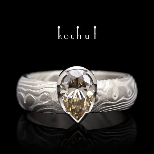 Ikigai — Mokume-Ring aus Palladium-Gold und graviertem Silber mit Diamant