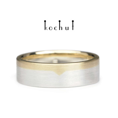 Die letzte Grenze – flach geformter Ehering aus 14-karätigem Gelbgold und Sterlingsilber