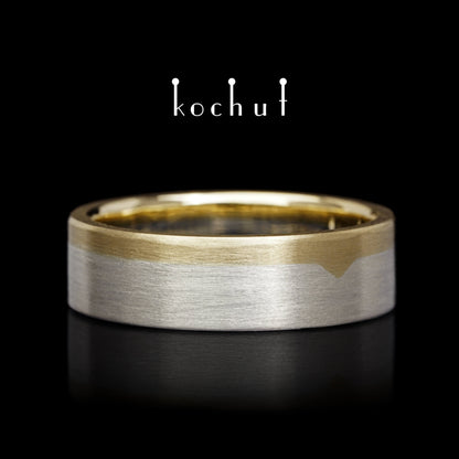 Die letzte Grenze – flach geformter Ehering aus 14-karätigem Gelbgold und Sterlingsilber