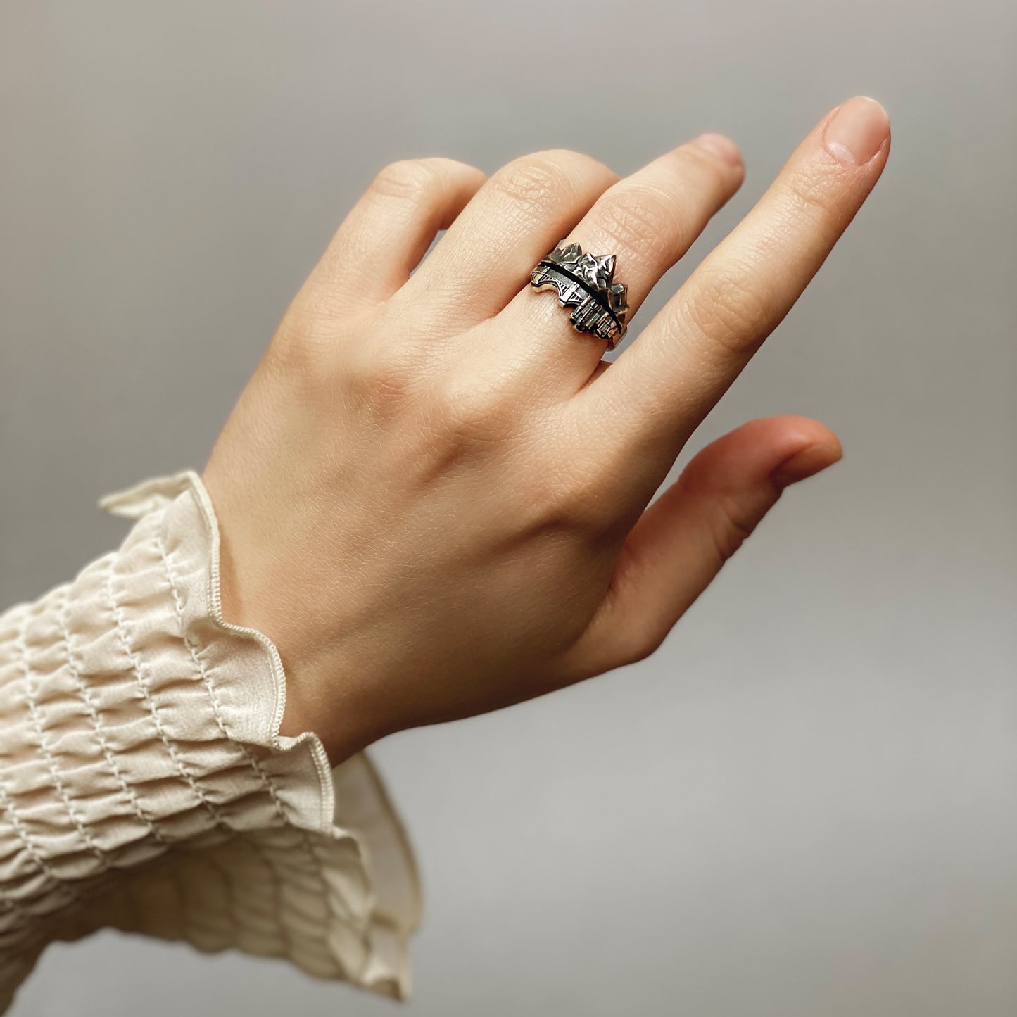 Zwei Welten – Ring aus oxidiertem Silber
