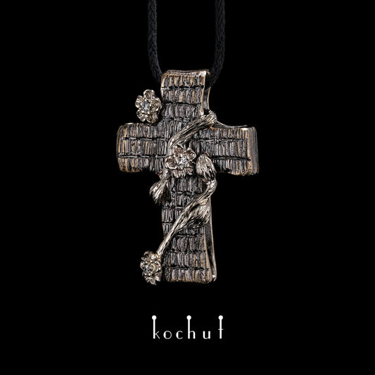 Renaissance — Kreuz aus Weißgold und Gelbgold mit Diamant, beschichtet mit schwarzem Rhodium