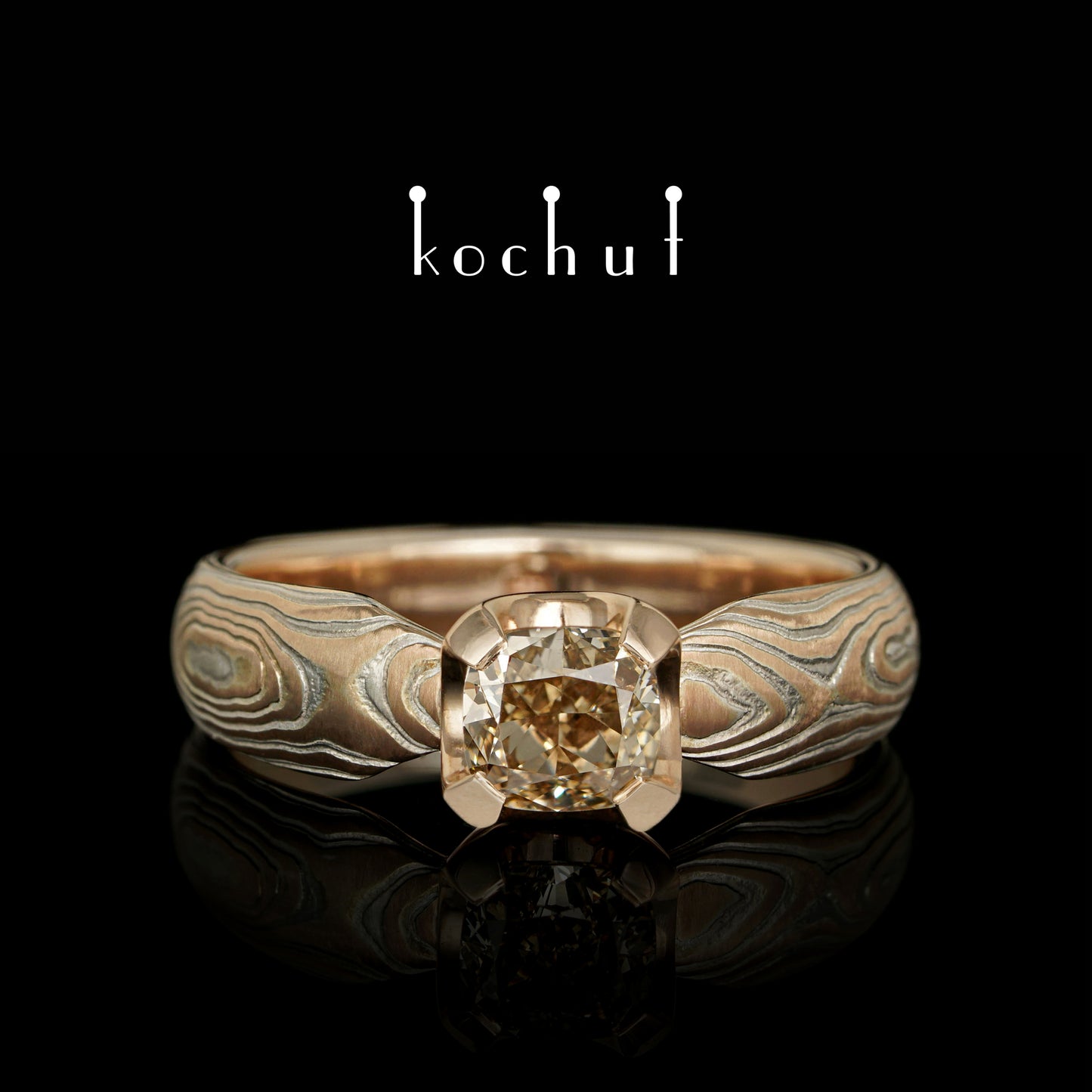 Shibuy — Mokume-Ring aus Rotgold, gravierte Silber mit einem Diamanten