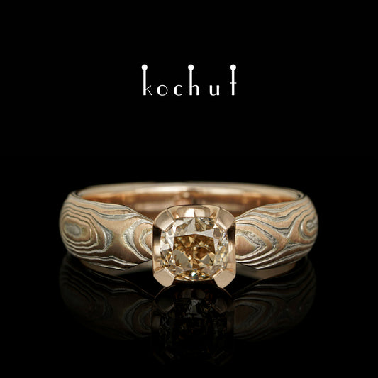 Shibuy — Mokume-Ring aus Rotgold, gravierte Silber mit einem Diamanten