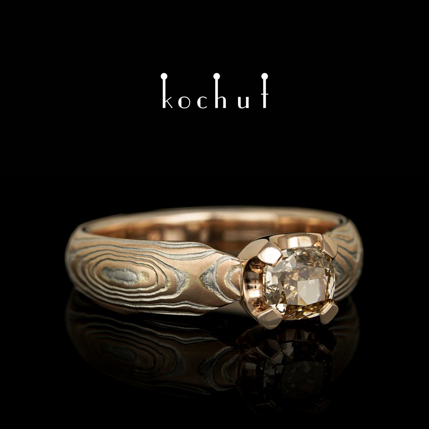 Shibuy — Mokume-Ring aus Rotgold, gravierte Silber mit einem Diamanten