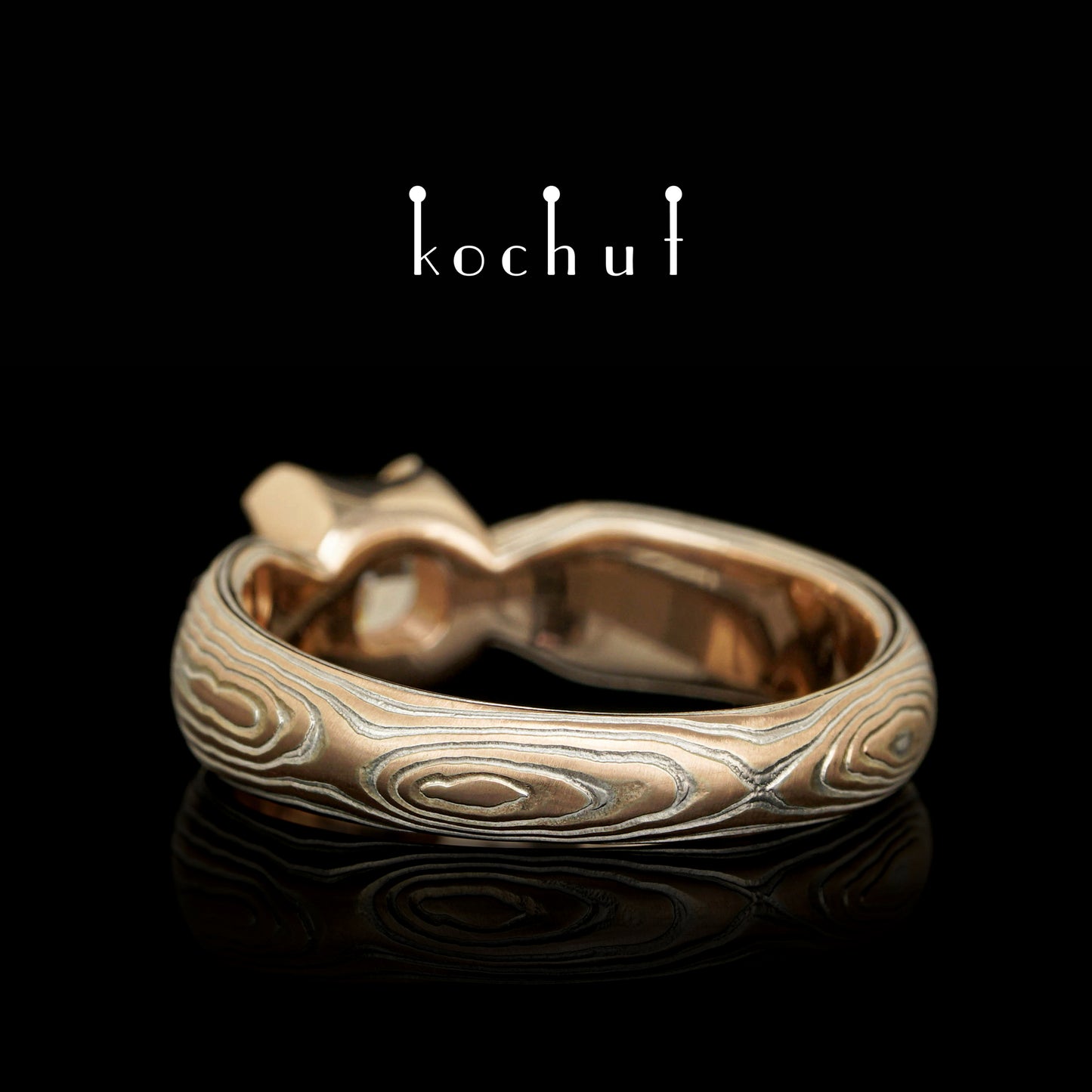 Shibuy — Mokume-Ring aus Rotgold, gravierte Silber mit einem Diamanten