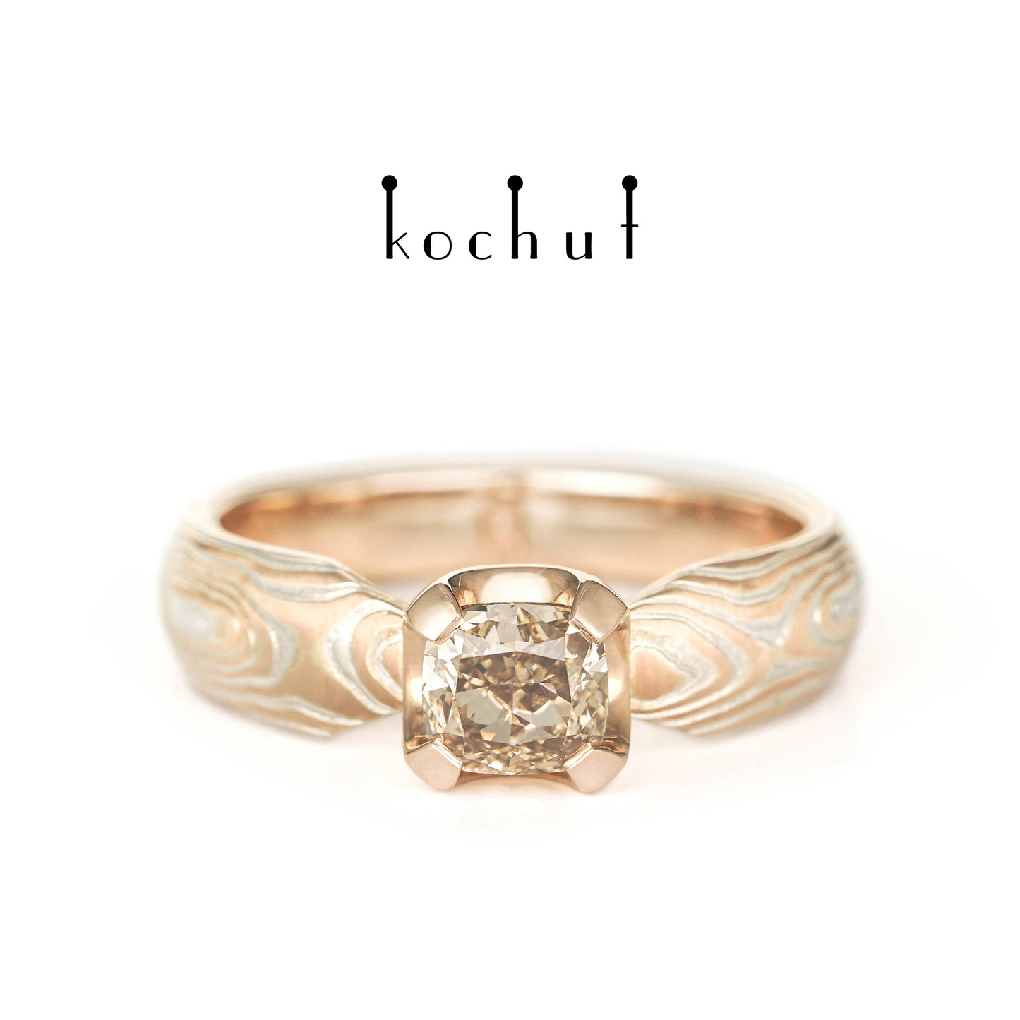 Shibuy — Mokume-Ring aus Rotgold, gravierte Silber mit einem Diamanten