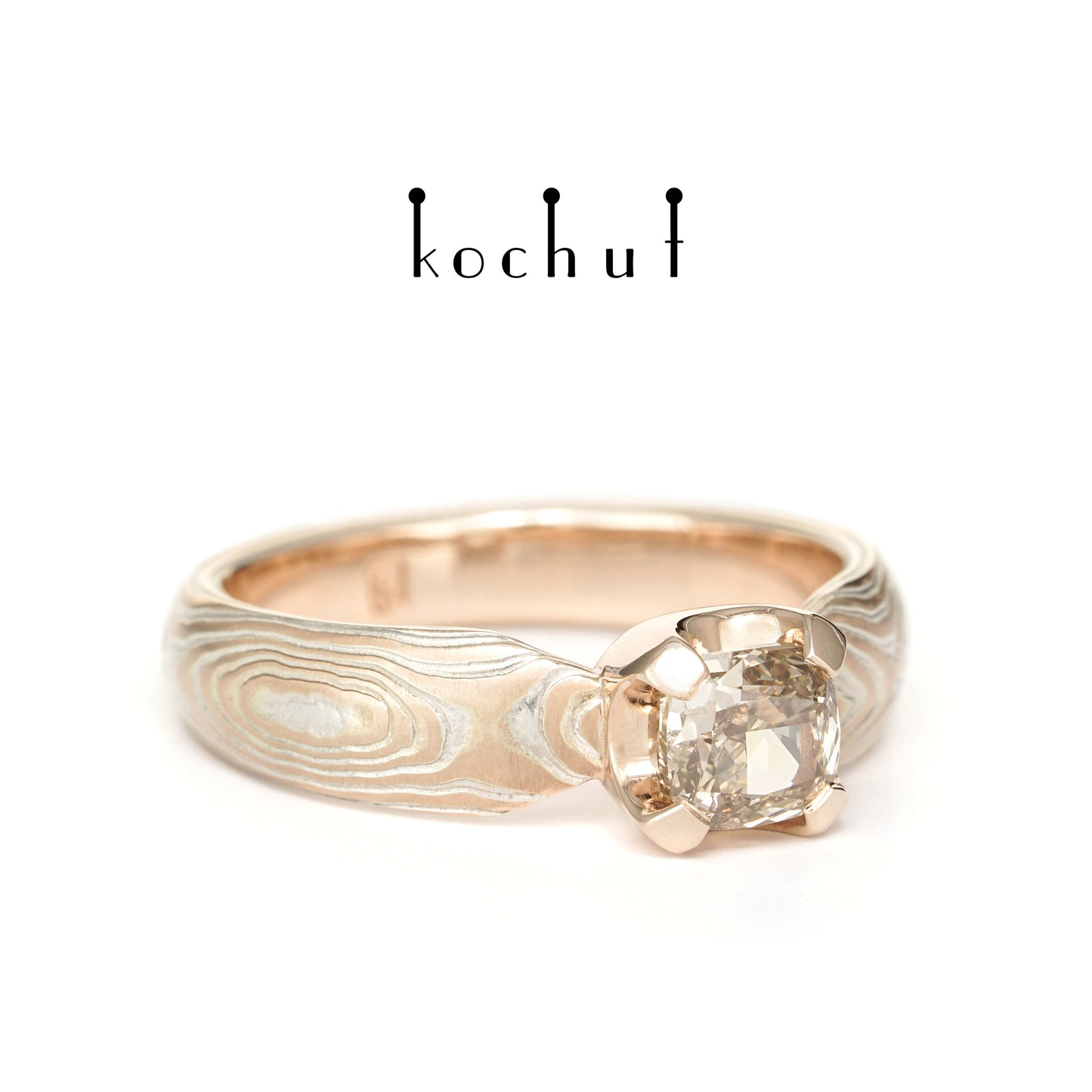 Shibuy — Mokume-Ring aus Rotgold, gravierte Silber mit einem Diamanten