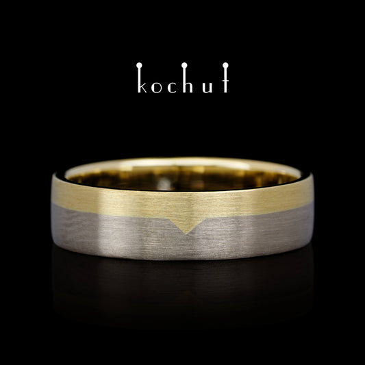 Die letzte Grenze – flach geformter Ehering aus Gelbgold und Palladiumgold