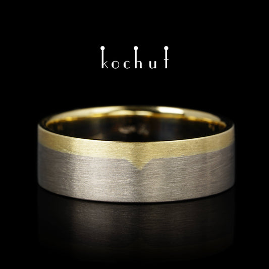 Die letzte Grenze – flach geformter Ehering aus Gelbgold und Palladiumgold