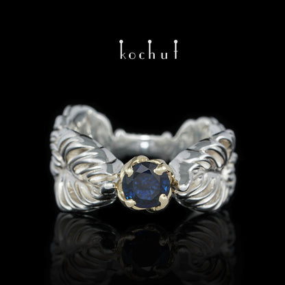 Umarmung der Liane — Ring aus Gelbgold und Silber mit Saphir
