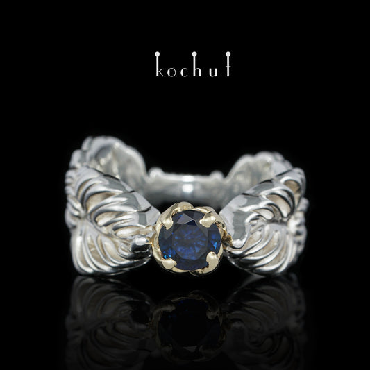 Umarmung der Liane — Ring aus Gelbgold und Silber mit Saphir
