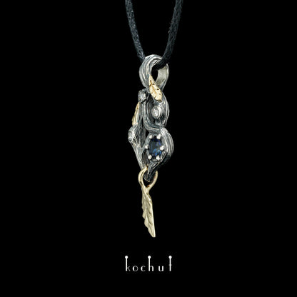 Waldfee — Anhänger aus oxidiertem Silber und Gelbgold mit Saphir und Diamanten