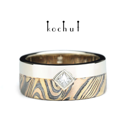 Kado — Ehering aus Weiß-, Gelb- und Rotgold, graviertes und oxidiertes Silber mit Diamant
