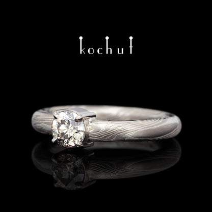 Haiku — Mokume-Ring aus Palladium-Gold und graviertem Silber mit Diamant