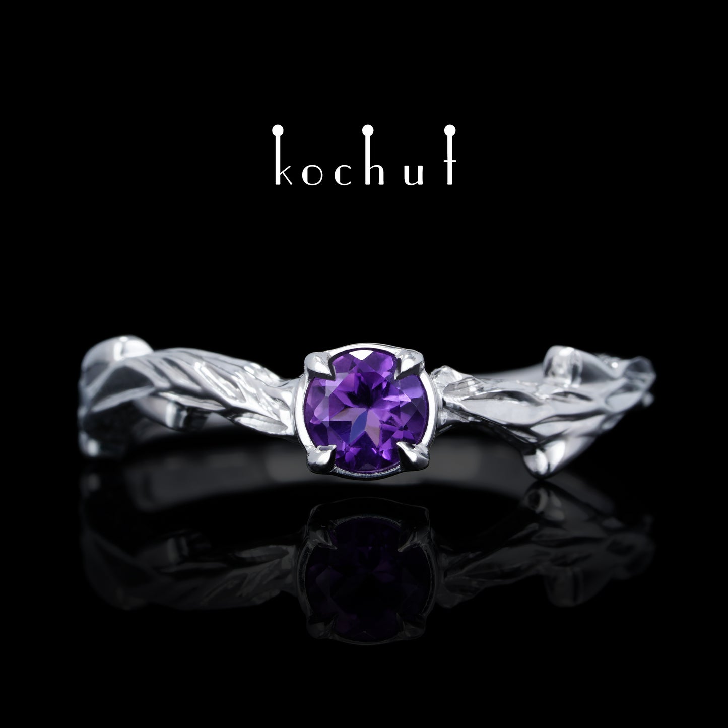 März Zweig — ein Ring aus Weißgold, plattiert mit weißem Rhodium und Amethyst