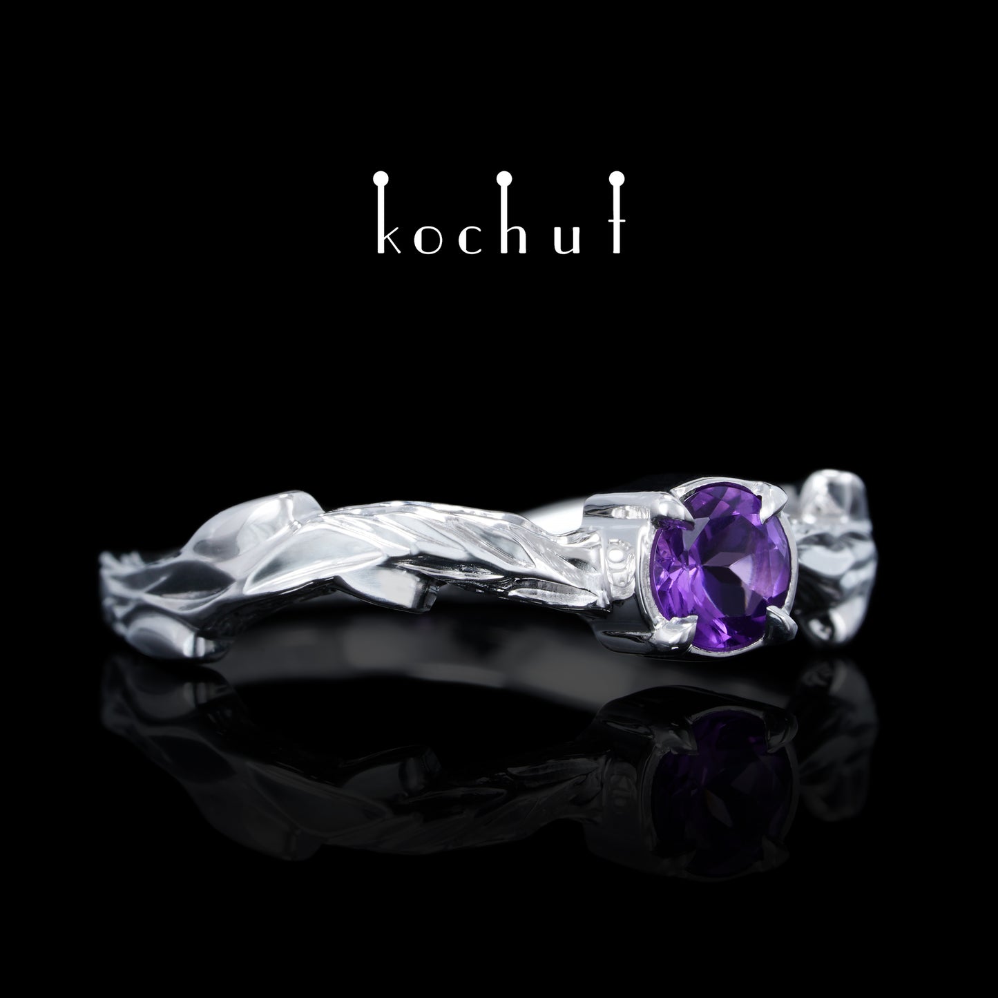 März Zweig — ein Ring aus Weißgold, plattiert mit weißem Rhodium und Amethyst