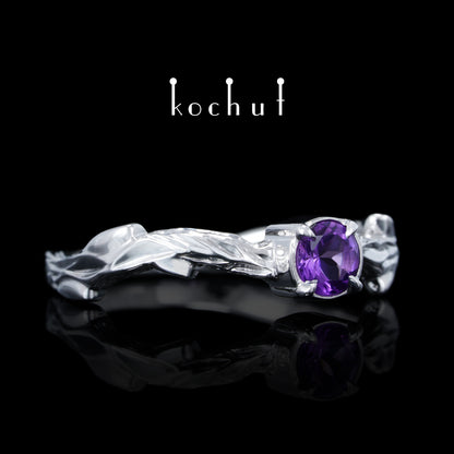 März Zweig — ein Ring aus Weißgold, plattiert mit weißem Rhodium und Amethyst