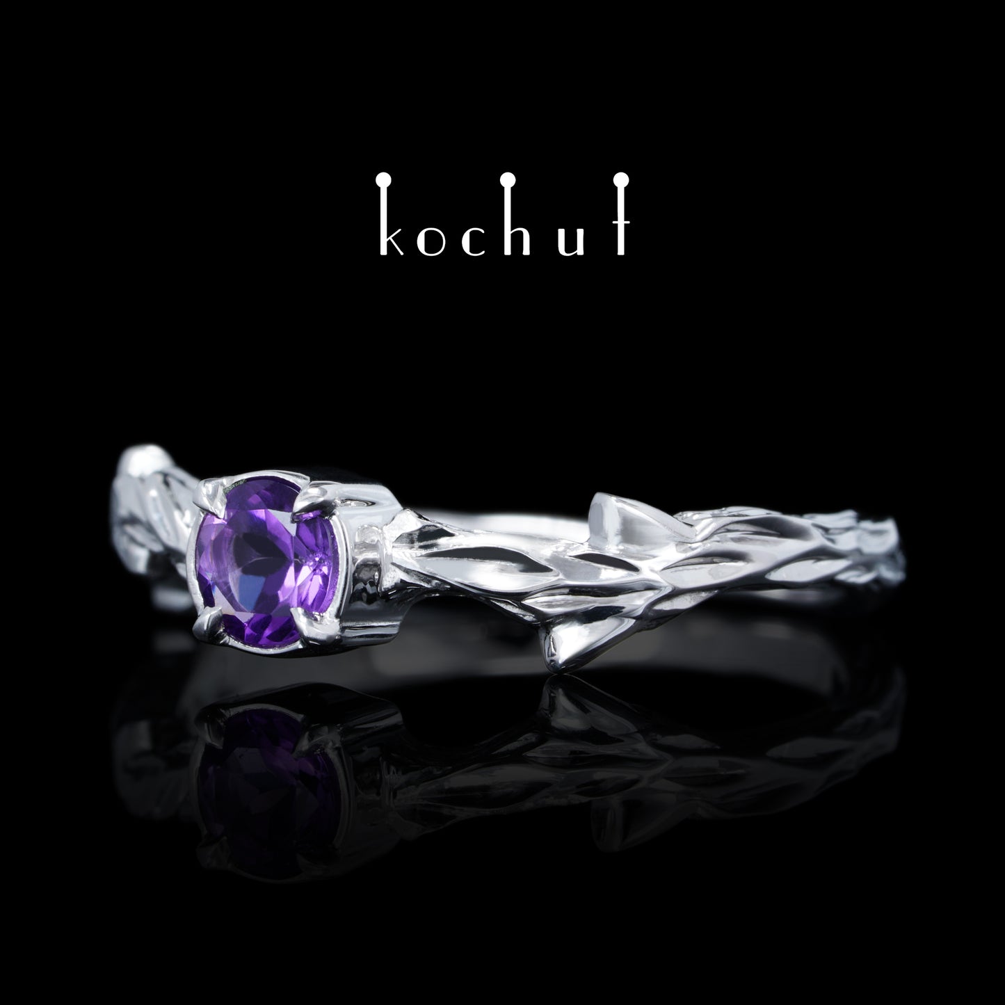 März Zweig — ein Ring aus Weißgold, plattiert mit weißem Rhodium und Amethyst