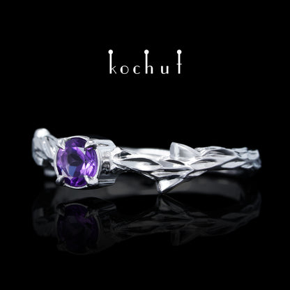März Zweig — ein Ring aus Weißgold, plattiert mit weißem Rhodium und Amethyst