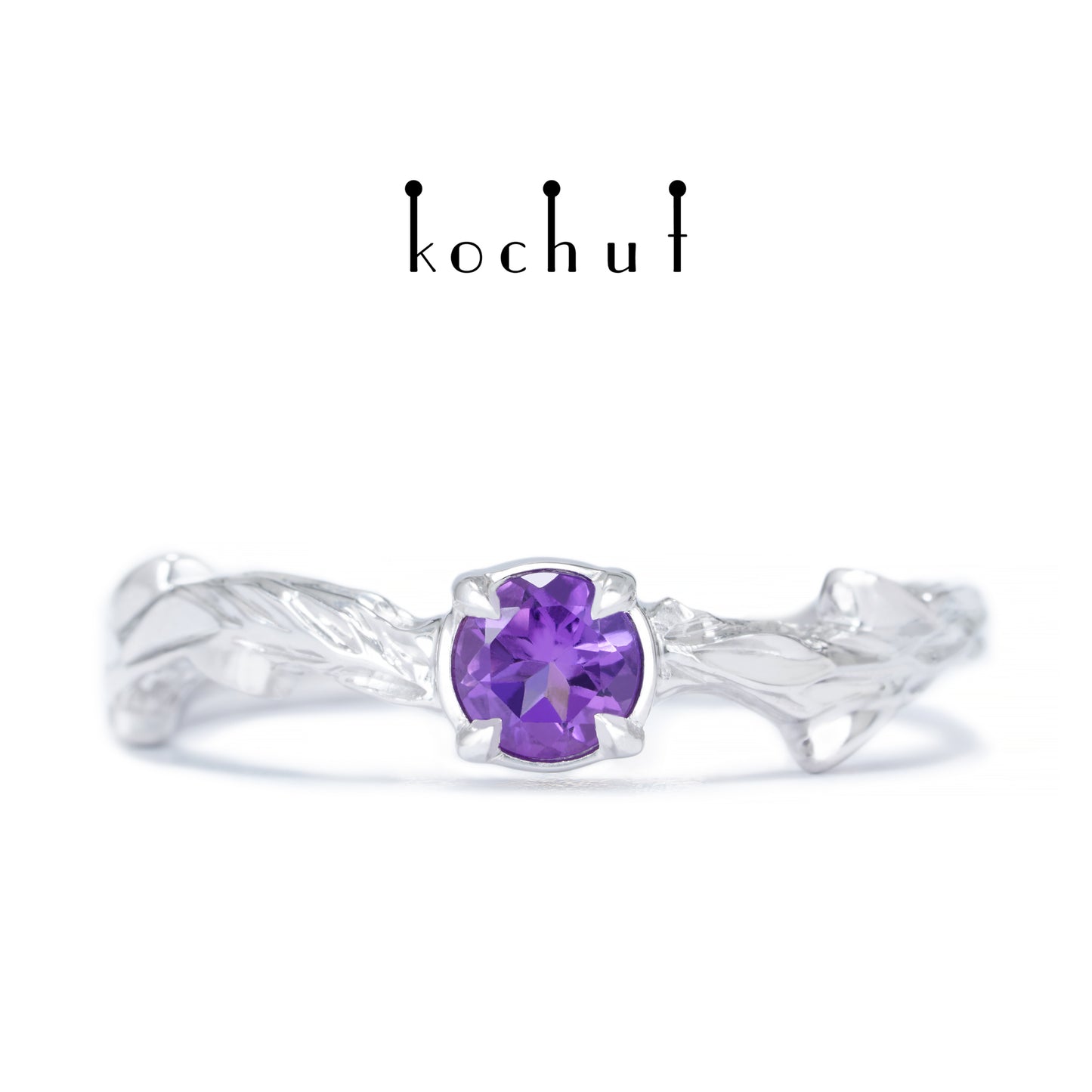 März Zweig — ein Ring aus Weißgold, plattiert mit weißem Rhodium und Amethyst
