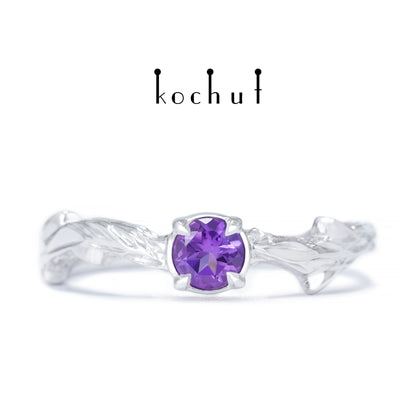 März Zweig — ein Ring aus Weißgold, plattiert mit weißem Rhodium und Amethyst